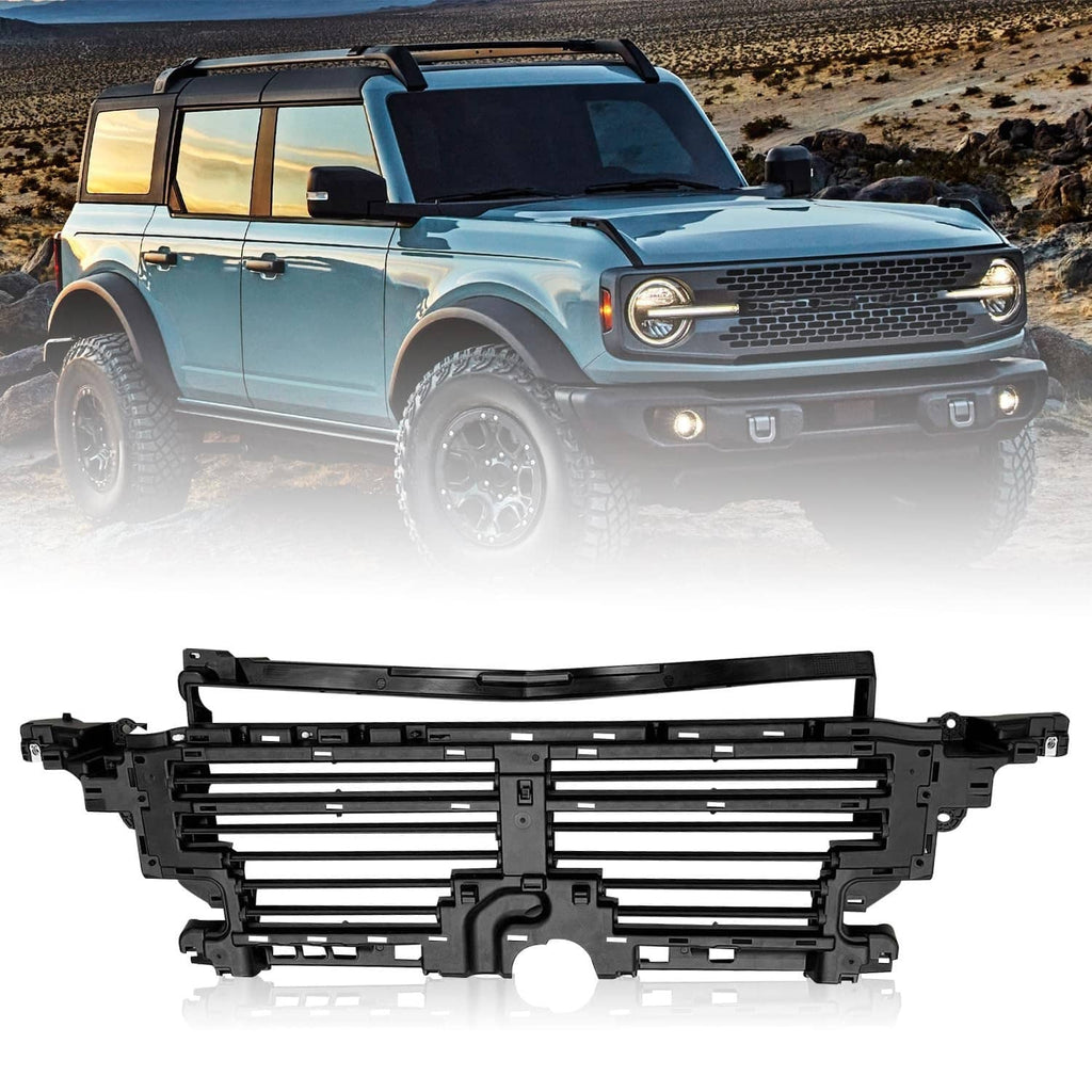 Black grille shutter assembly with horizontal slats mounted to the front frame