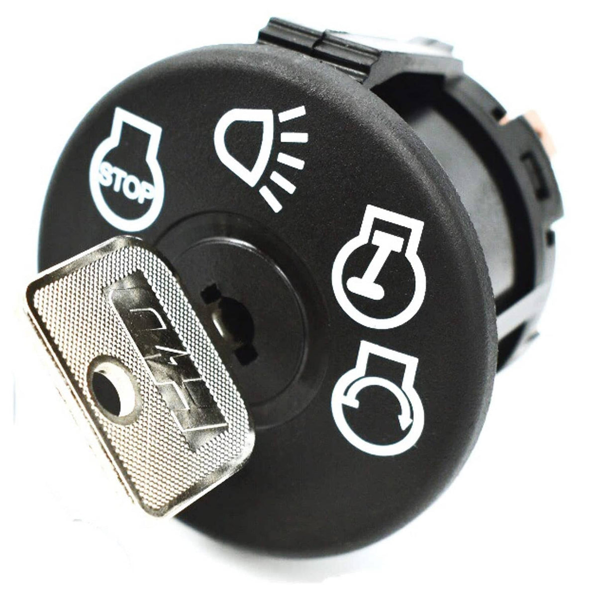 Black 4-position ignition key switch close-up with installed metal key and icons