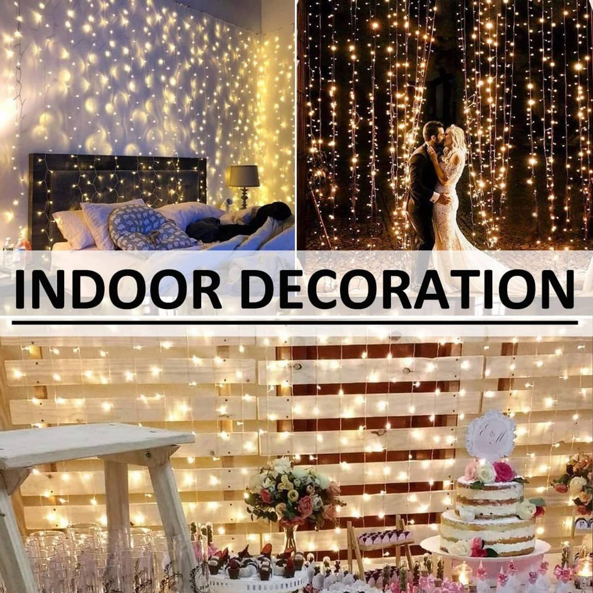 Warm white LED curtain lights draped indoors with softly glowing vertical strands