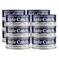 Pack of multiple Safe Catch wild albacore tuna cans arranged in two rows.
