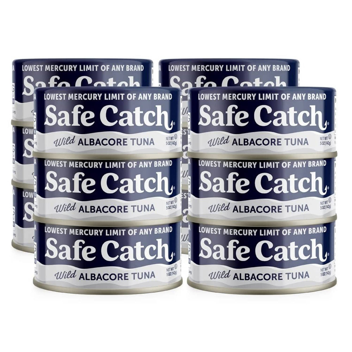 Pack of multiple Safe Catch wild albacore tuna cans arranged in two rows.