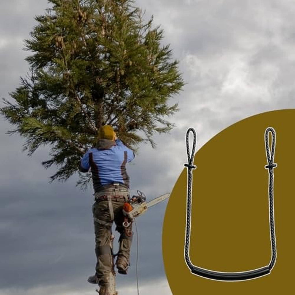 Black U-shaped rope climbing aid step for tree climbing, shown in use