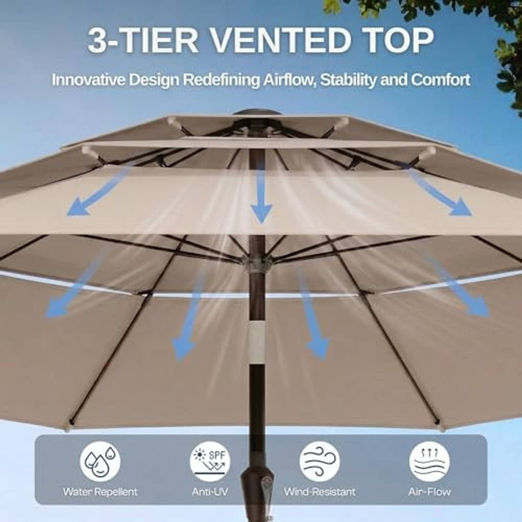 3-tier vented top patio umbrella with beige canopy and support ribs