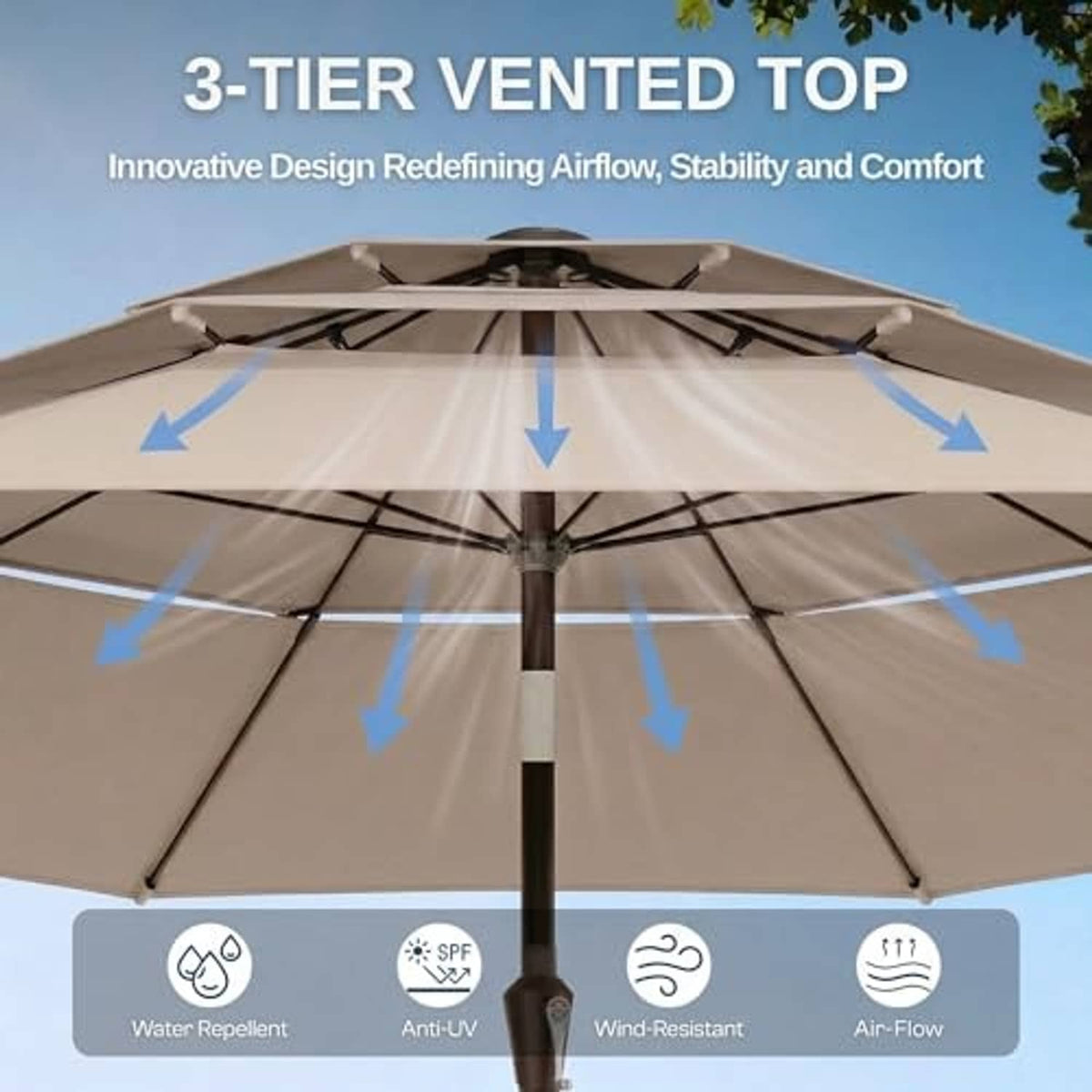 3-tier vented top patio umbrella with beige canopy and support ribs