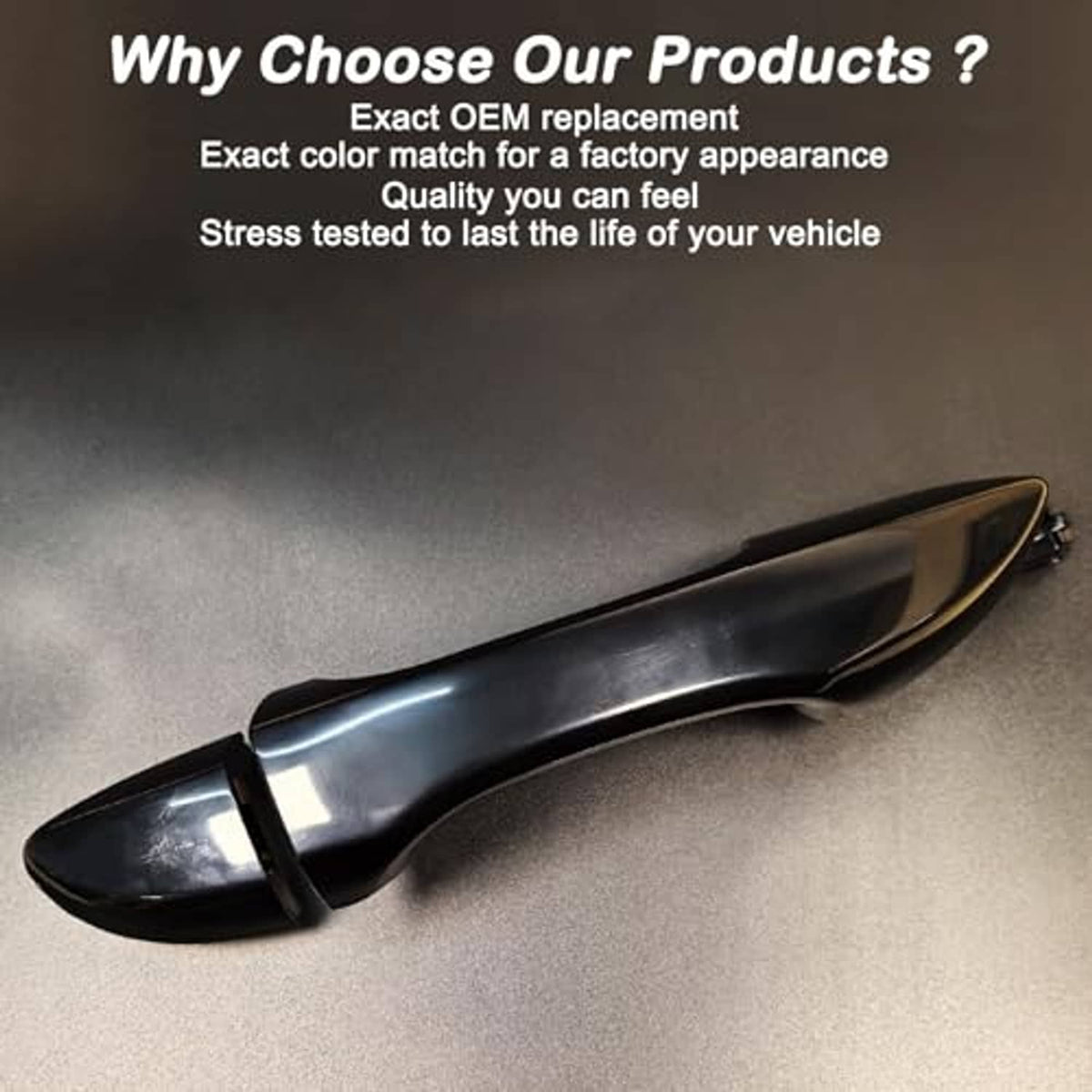 Black exterior door handle for front passenger right side, long curved shape