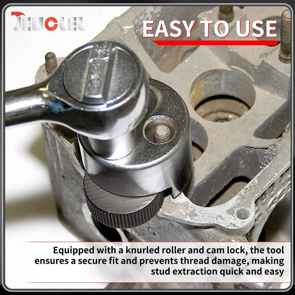 Stud remover extractor tool with knurled roller and cam-lock collar close-up