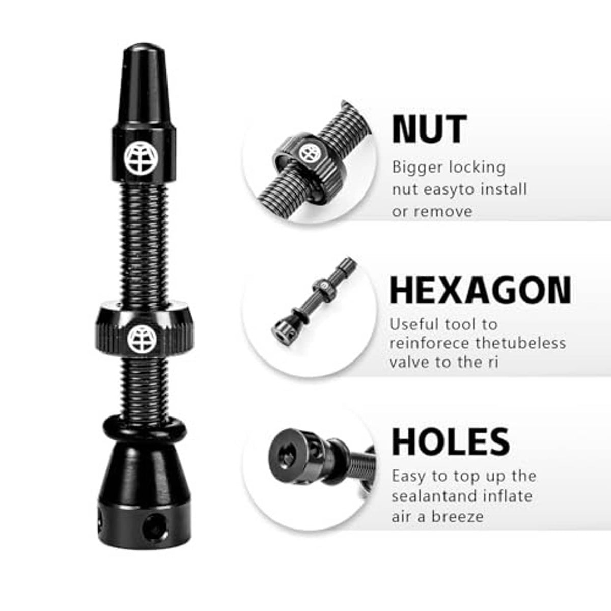 Black tubeless Presta valve stem with hex tool area and side holes, alloy construction