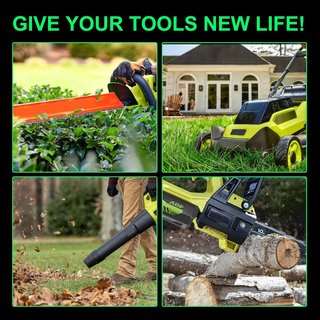 Two 40V lithium-ion battery packs powering outdoor tools in use