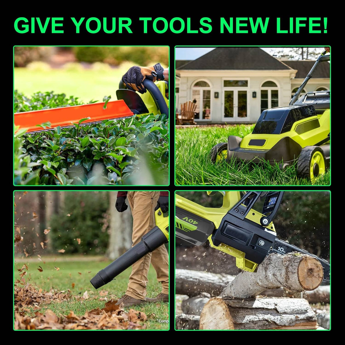 Two 40V lithium-ion battery packs powering outdoor tools in use