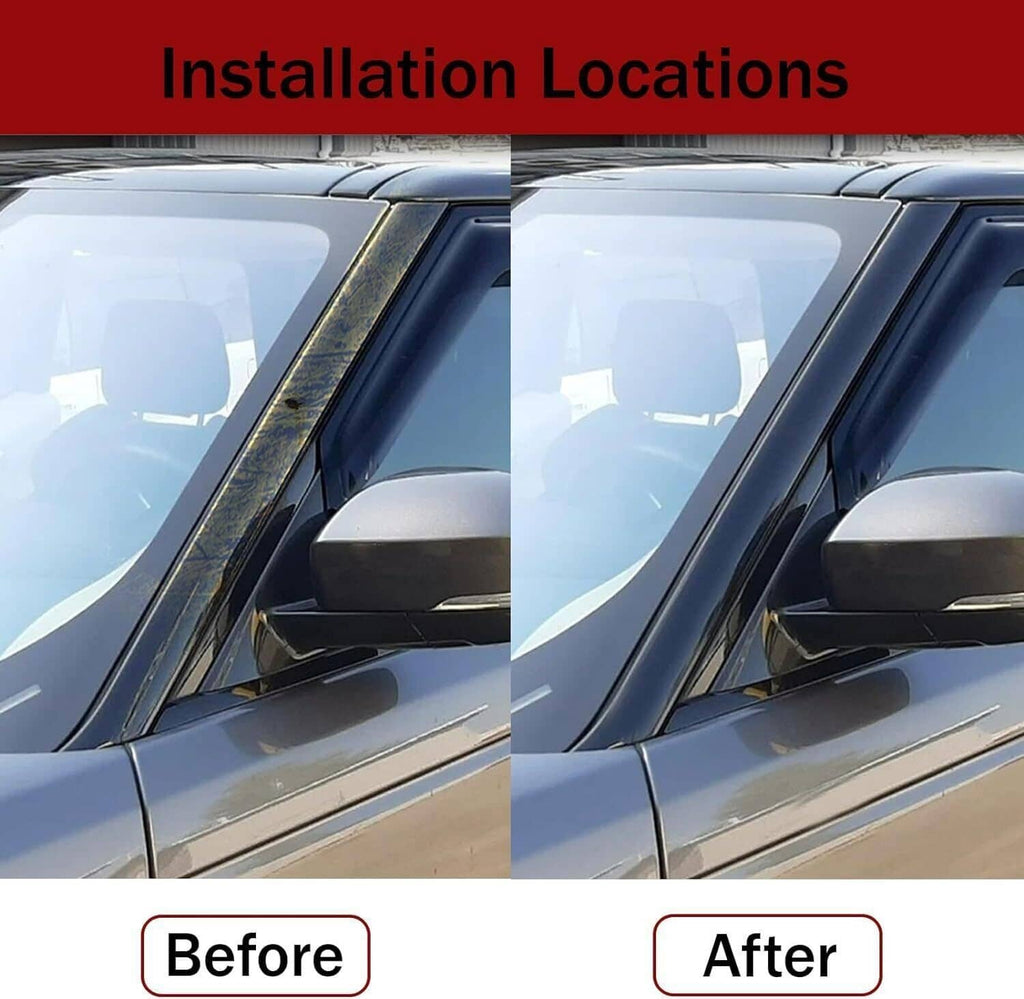 Black A-pillar windshield trim installed on the window frame, before-and-after view