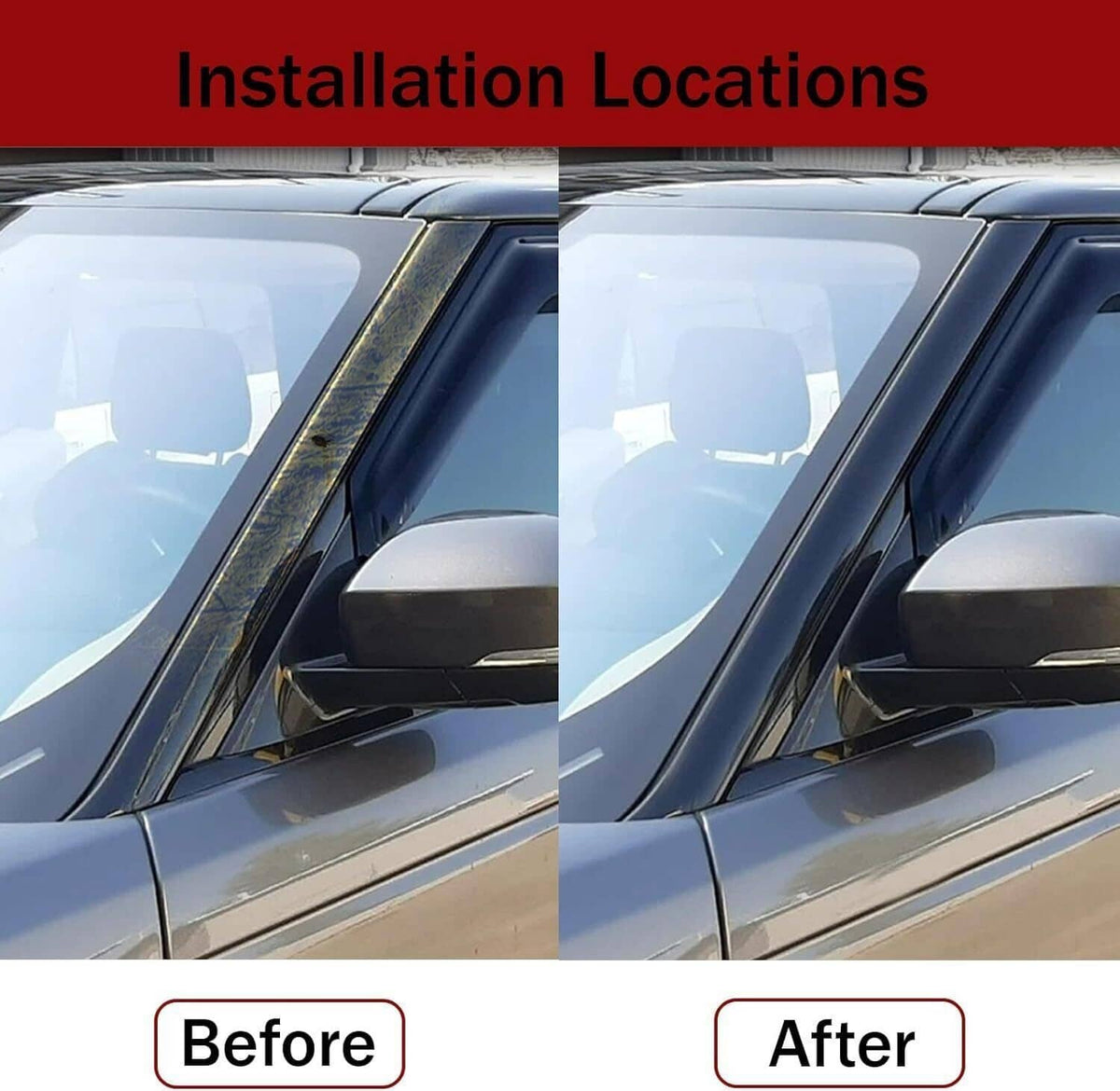 Black A-pillar windshield trim installed on the window frame, before-and-after view