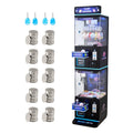 Claw crane arcade toy machine with prize window, blue drops, and stacked coins