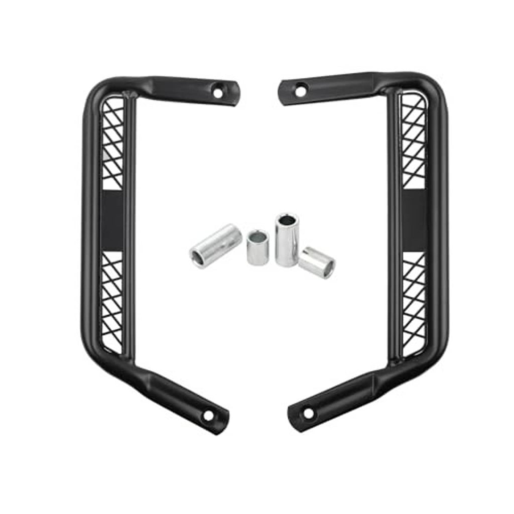Motorcycle extended footpegs with dark mesh frames and included metal spacer sleeves