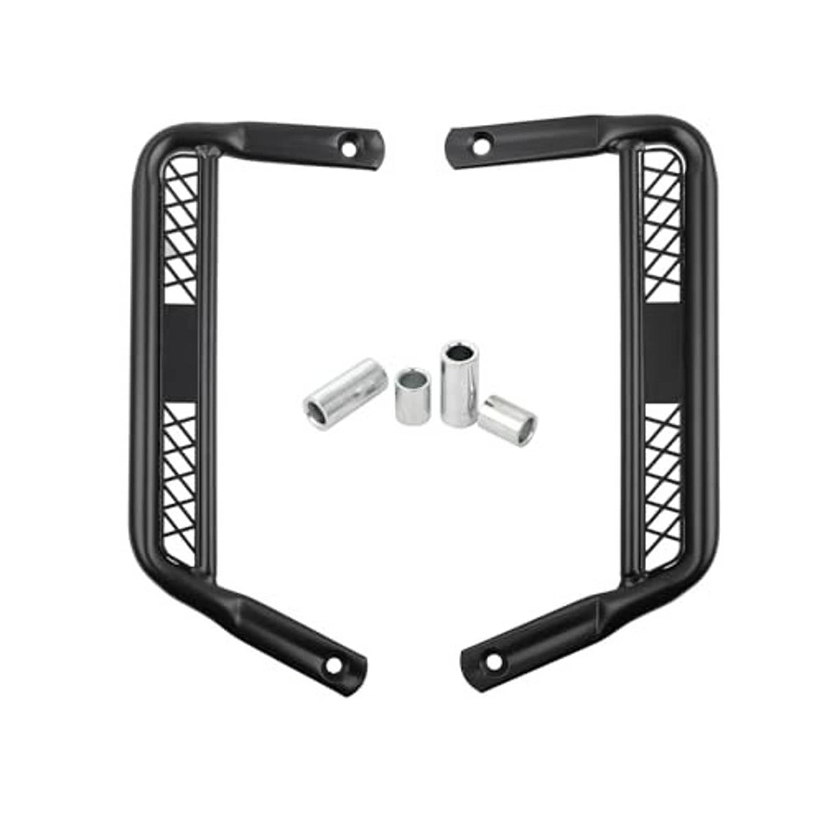 Motorcycle extended footpegs with dark mesh frames and included metal spacer sleeves