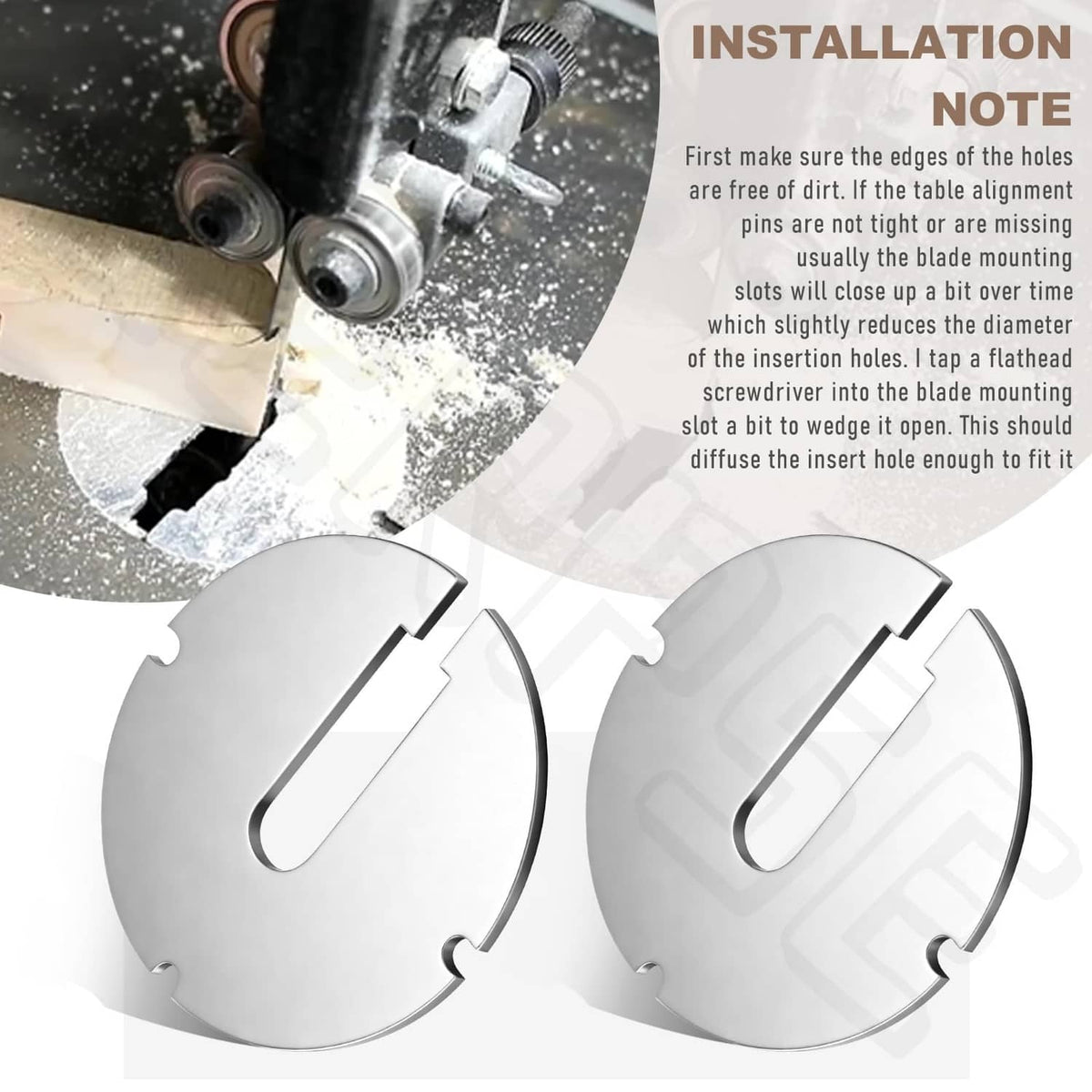 Set of two circular metal inserts with center slots and four mounting notches