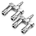 Two 2-way air hose splitter connectors with metal bodies and knurled grip sections