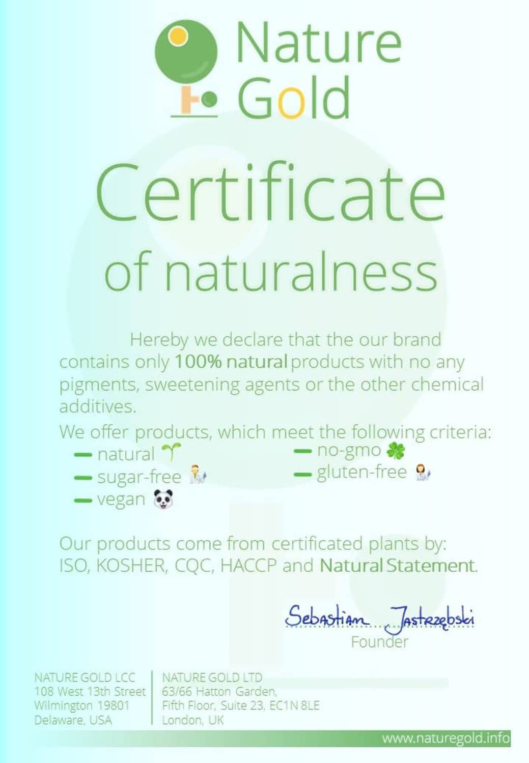 Nature Gold certificate of naturalness for freeze dried blackcurrant