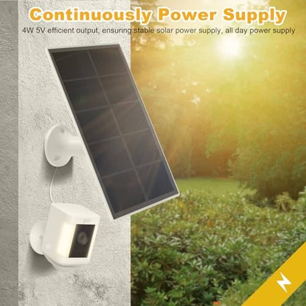 Dark solar panel charger with white wall mount and connected camera power module