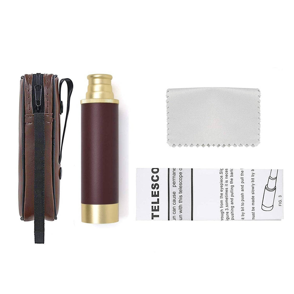 Pirate monocular telescope set with brown case, gold tube, and cleaning cloth