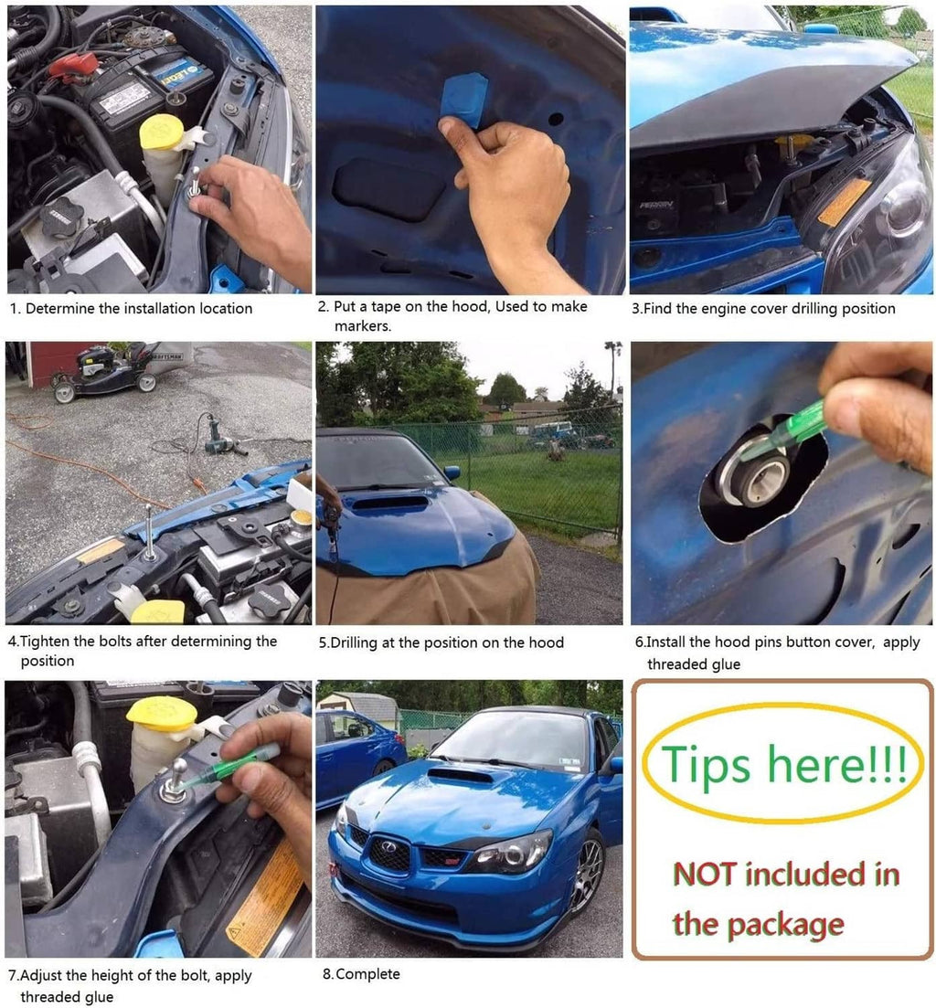 Quick-release latch installation shown with black push-button, mounting steps, and threading