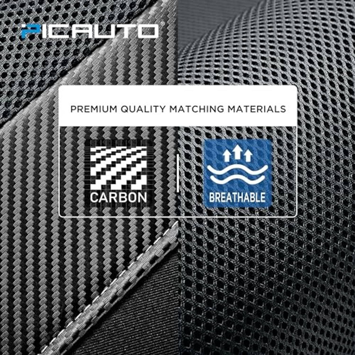 High-back seat cover detail with carbon-fiber texture and breathable mesh sections
