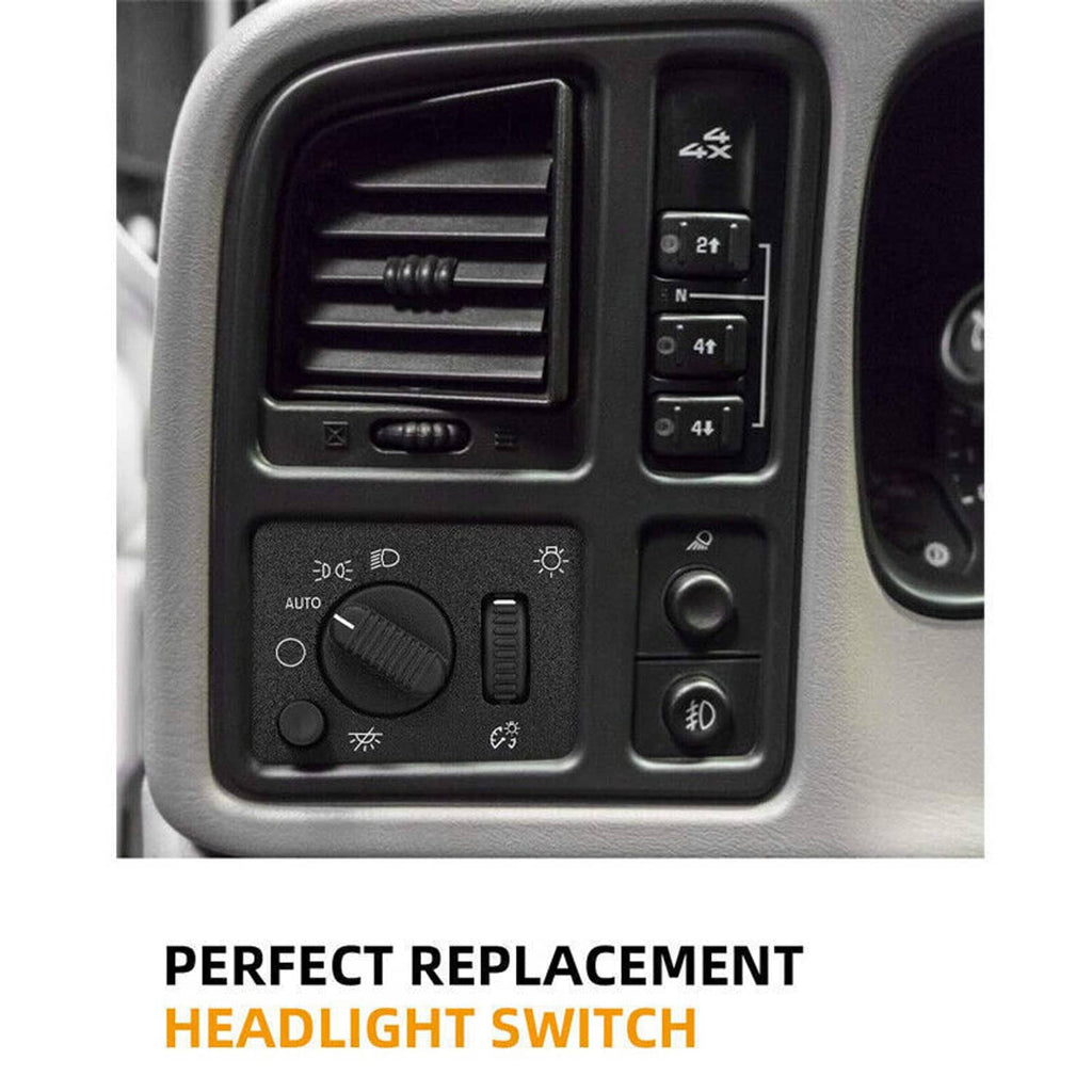 Black headlight control switch with buttons and rotary dial, mounted in dashboard