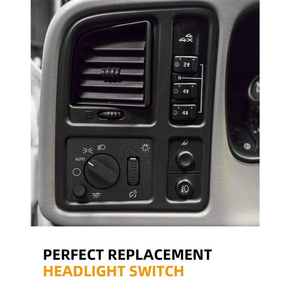 Black headlight control switch with buttons and rotary dial, mounted in dashboard
