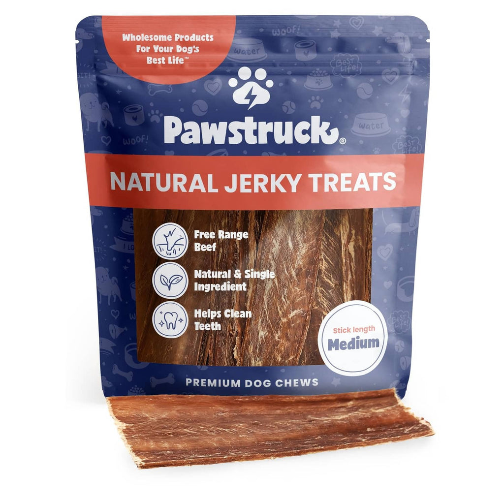Pawstruck beef jerky dog treat bag with medium 4–6 in strips, unopened pouch