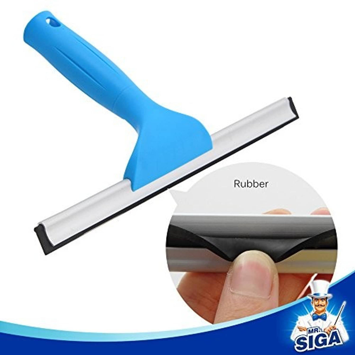 Blue window squeegee with silver handle bar and black rubber edge