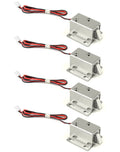 Set of four mini electromagnetic solenoid door locks with red/black wiring, silver metal.