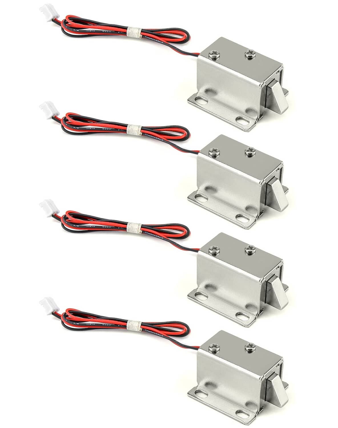 Set of four mini electromagnetic solenoid door locks with red/black wiring, silver metal.