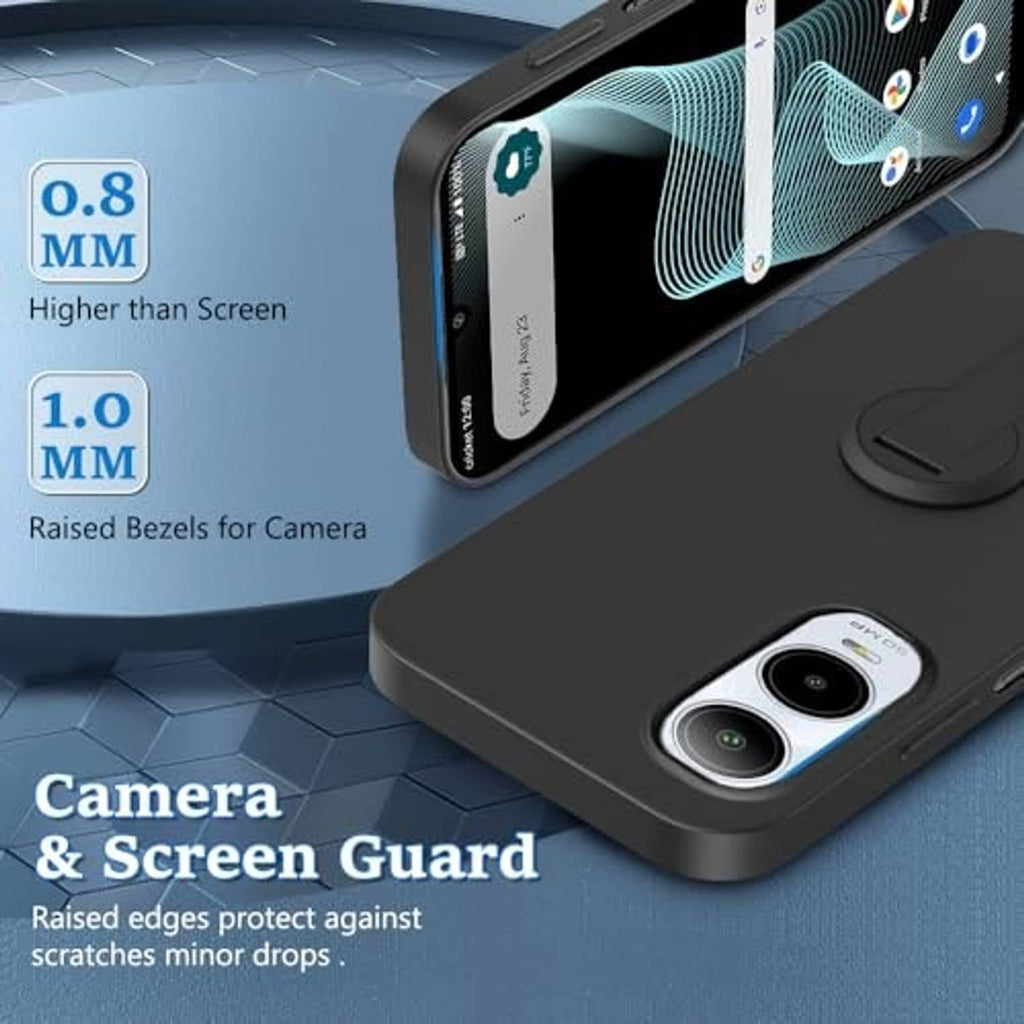 Black phone case with glass screen protector; raised bezels around camera and screen