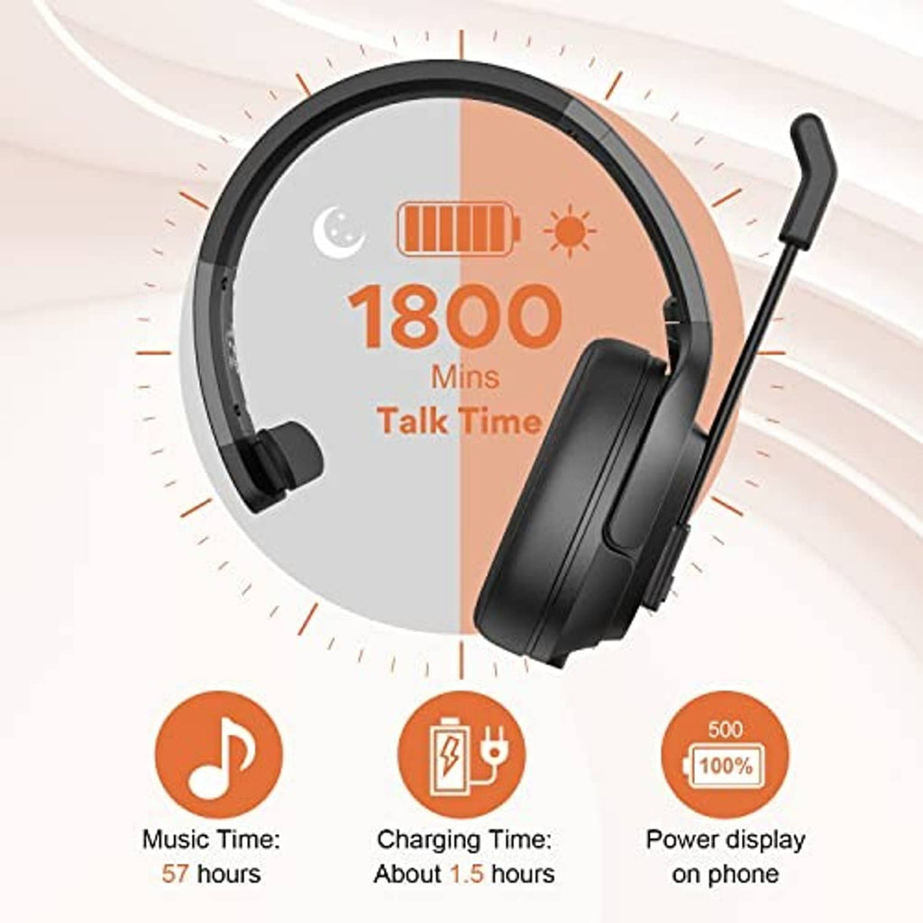 Black over-ear Bluetooth headset with boom mic, angled view