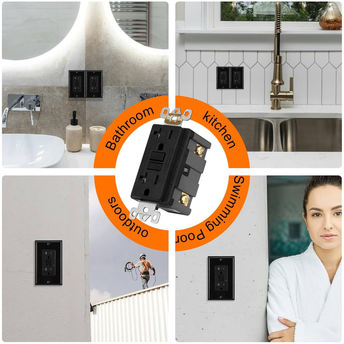 Black GFCI outlet installed in a wall plate for kitchen and bathroom use