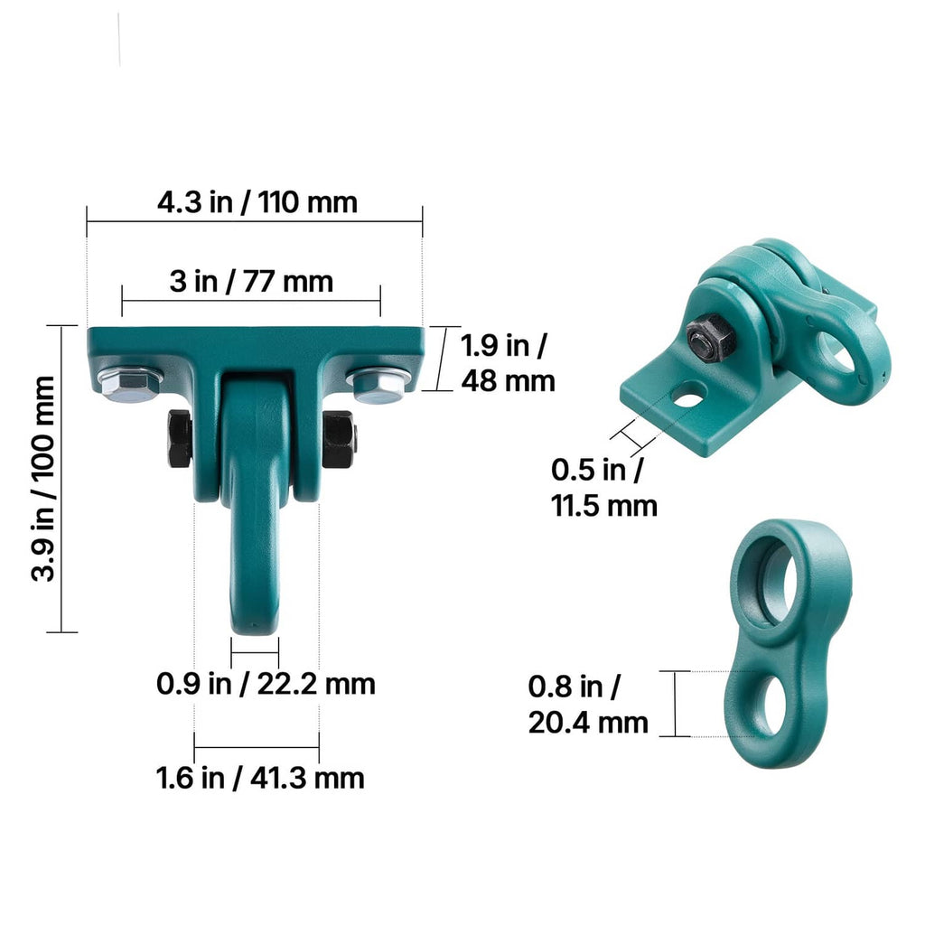 Teal swing hanger bracket and metal hook with front and side dimension marks