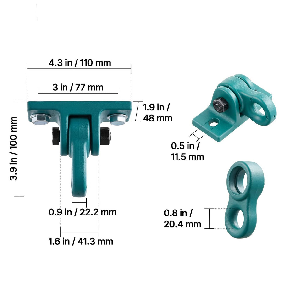 Teal swing hanger bracket and metal hook with front and side dimension marks