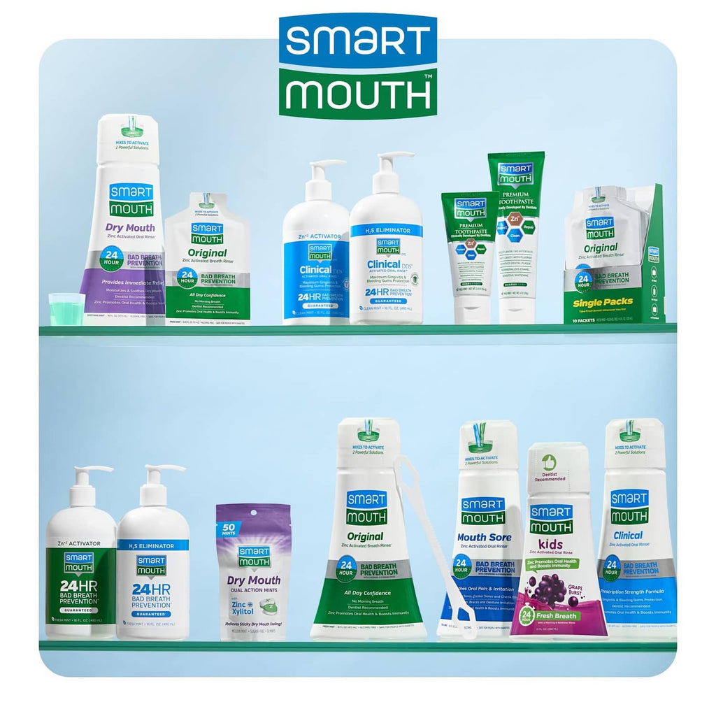 Toothpaste assortment set with tubes and bottles in green-and-white Smart Mouth packaging