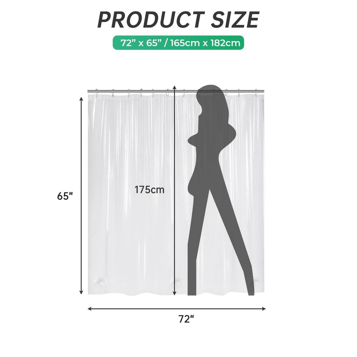 Clear shower curtain liner size diagram with 72 in width and 65 in length