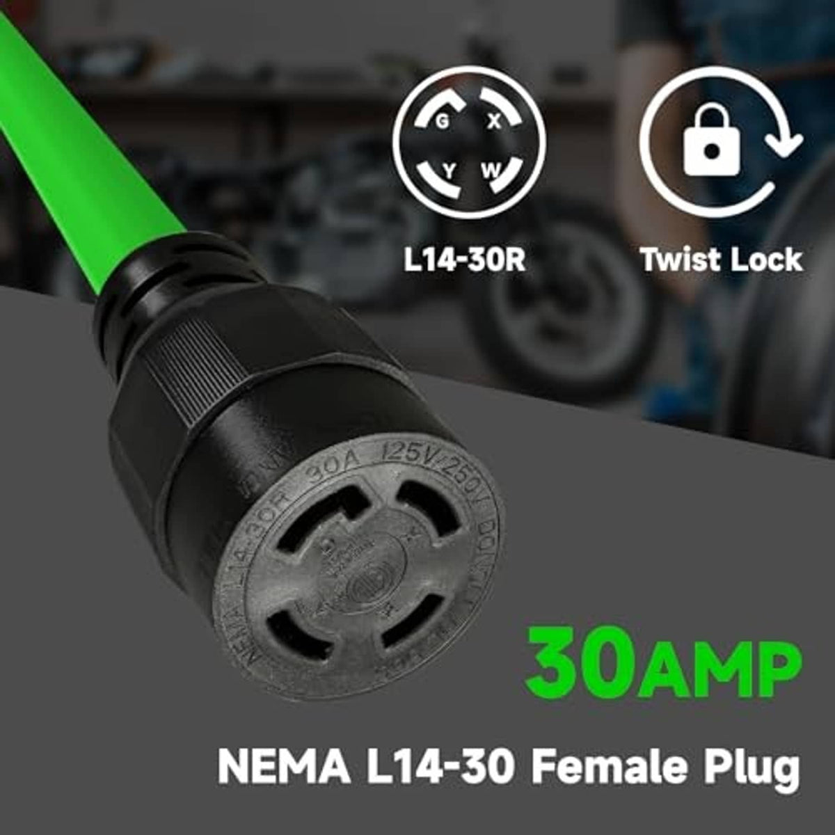 Green extension cord with NEMA L14-30 locking female plug, 30-amp