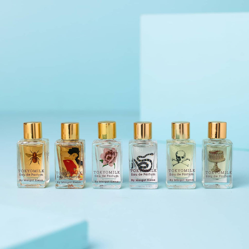 Set of six mini eau de parfum bottles with gold caps, TOKYOMILK fragrance lineup
