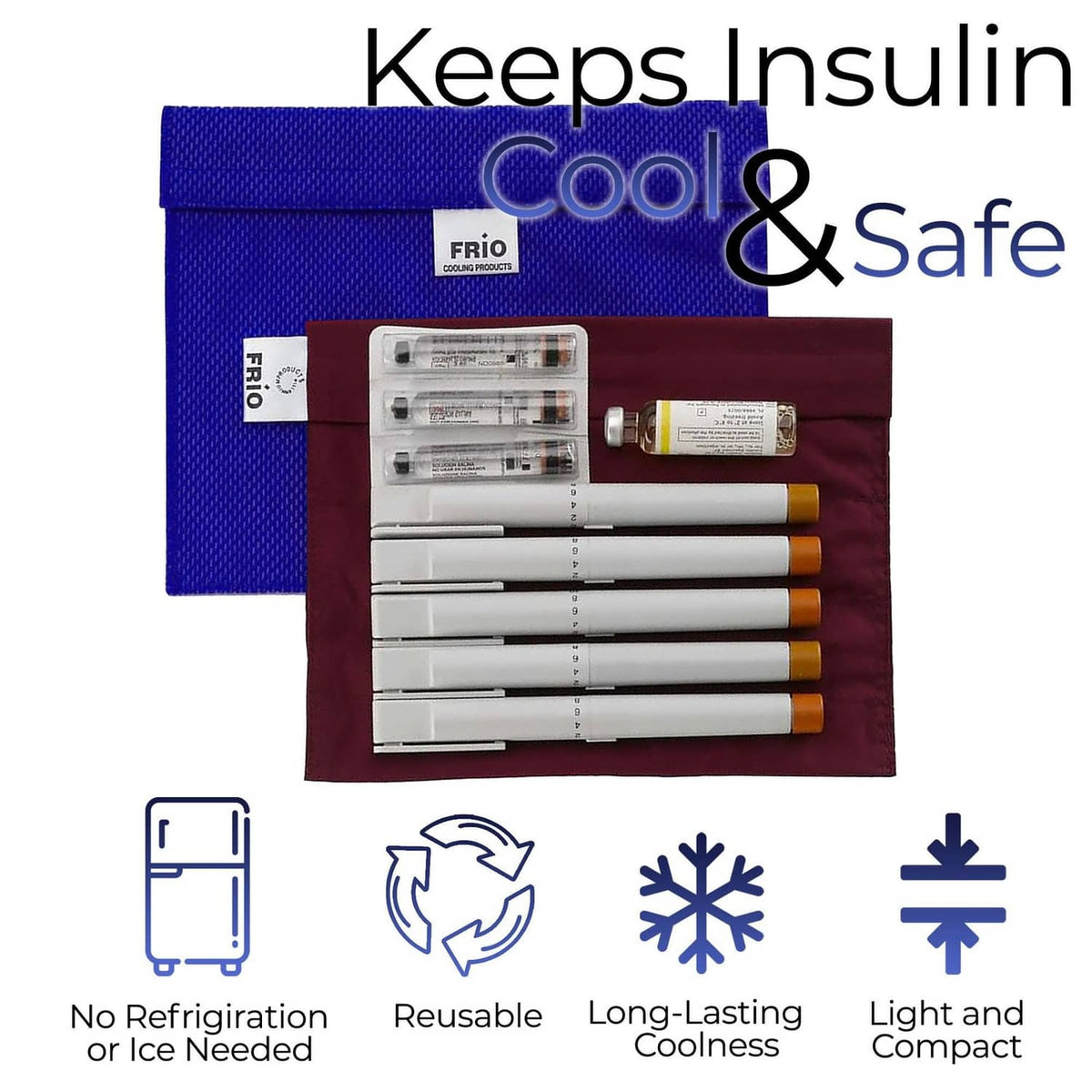 FRIO blue and maroon cooling wallet laid flat with insulin pens inside