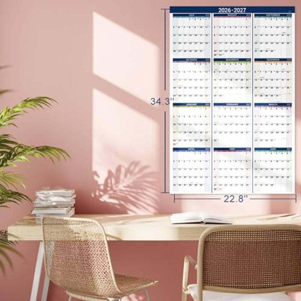 2026-2027 wall calendar with size 34.3 in by 22.8 in, monthly date blocks