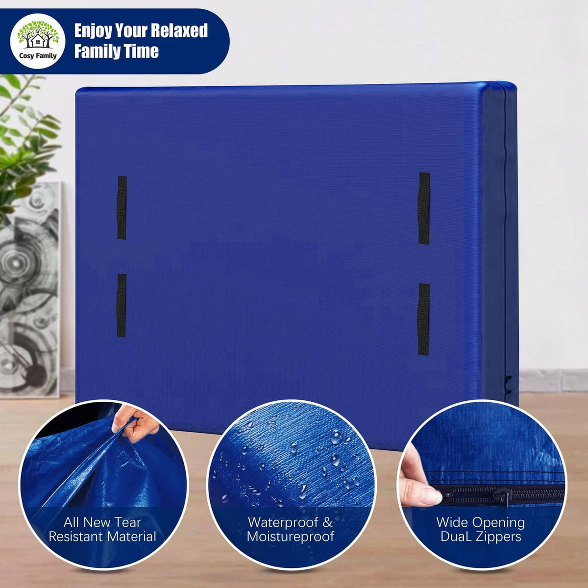 Blue mattress moving bag with multiple black handle loops