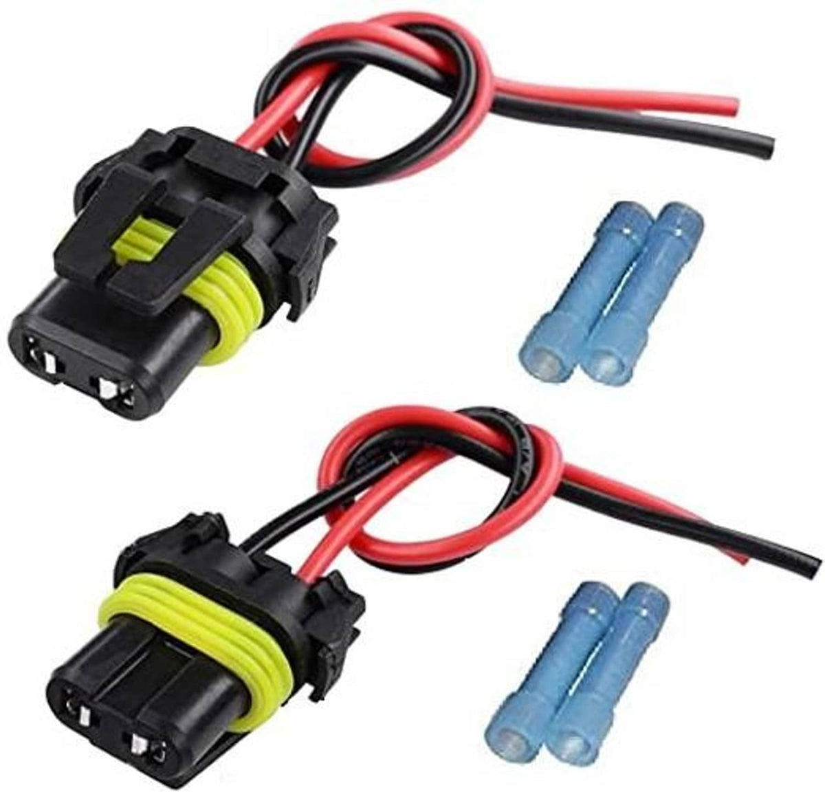 Pair of LED female pigtail wiring adapters with black housings and red/black leads