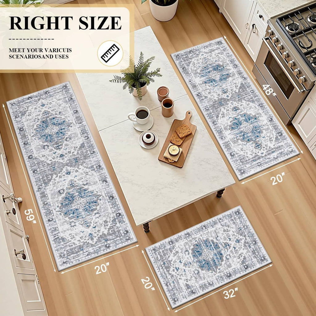 3-piece boho kitchen rug set, rectangular grey and blue distressed pattern rugs