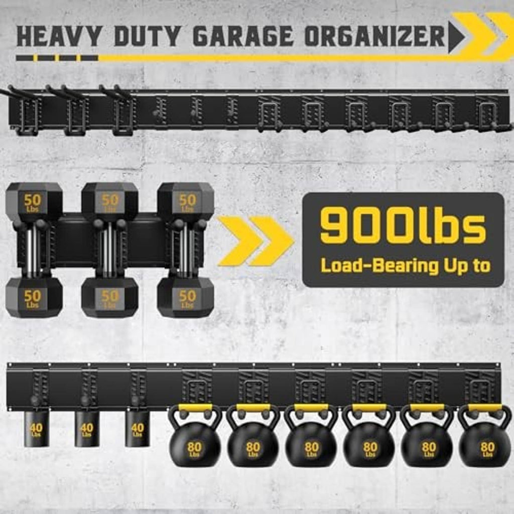 Heavy-duty garage wall organizer rail with many hooks and hanging weight holders