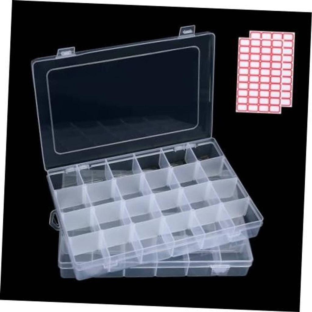 Clear plastic bead organizer box with hinged lid and grid compartments