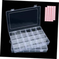 Clear plastic bead organizer box with hinged lid and grid compartments