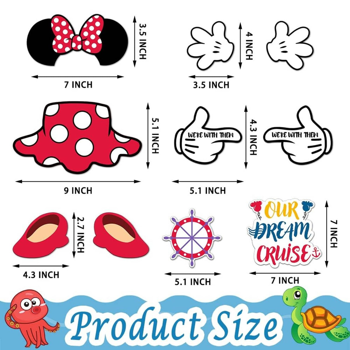Magnetic captain mouse door decor set with size guide: mouse ears, hat, shoes, wheel