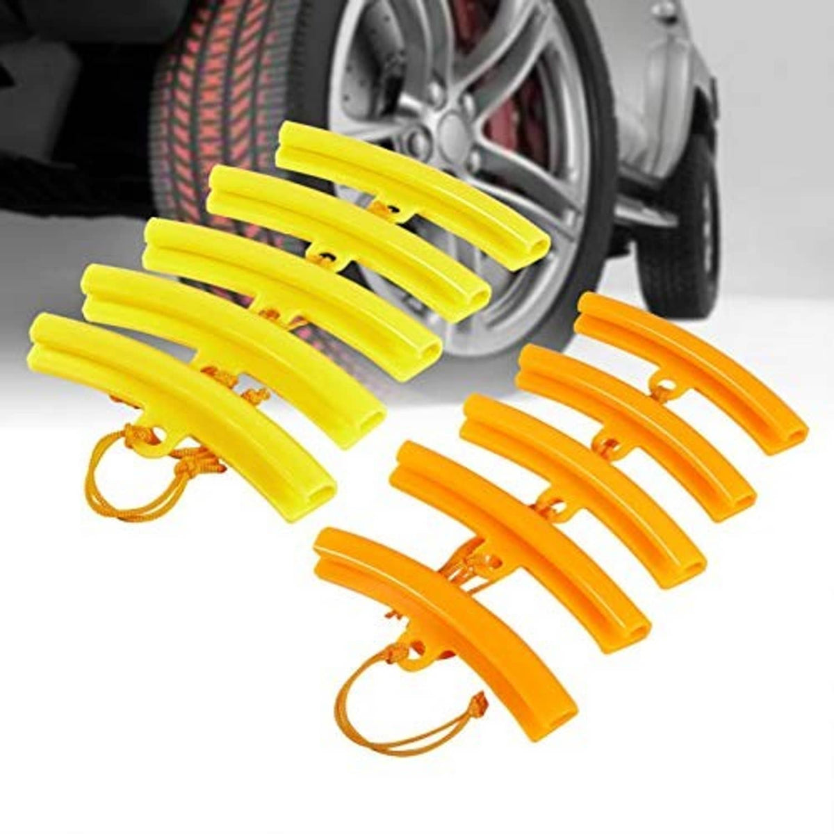 Yellow and orange wheel rim protectors with strap cords, curved guards for changing wheels